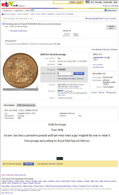 nigelday1965 2000 Full Gold Sovereign eBay Auction Listing